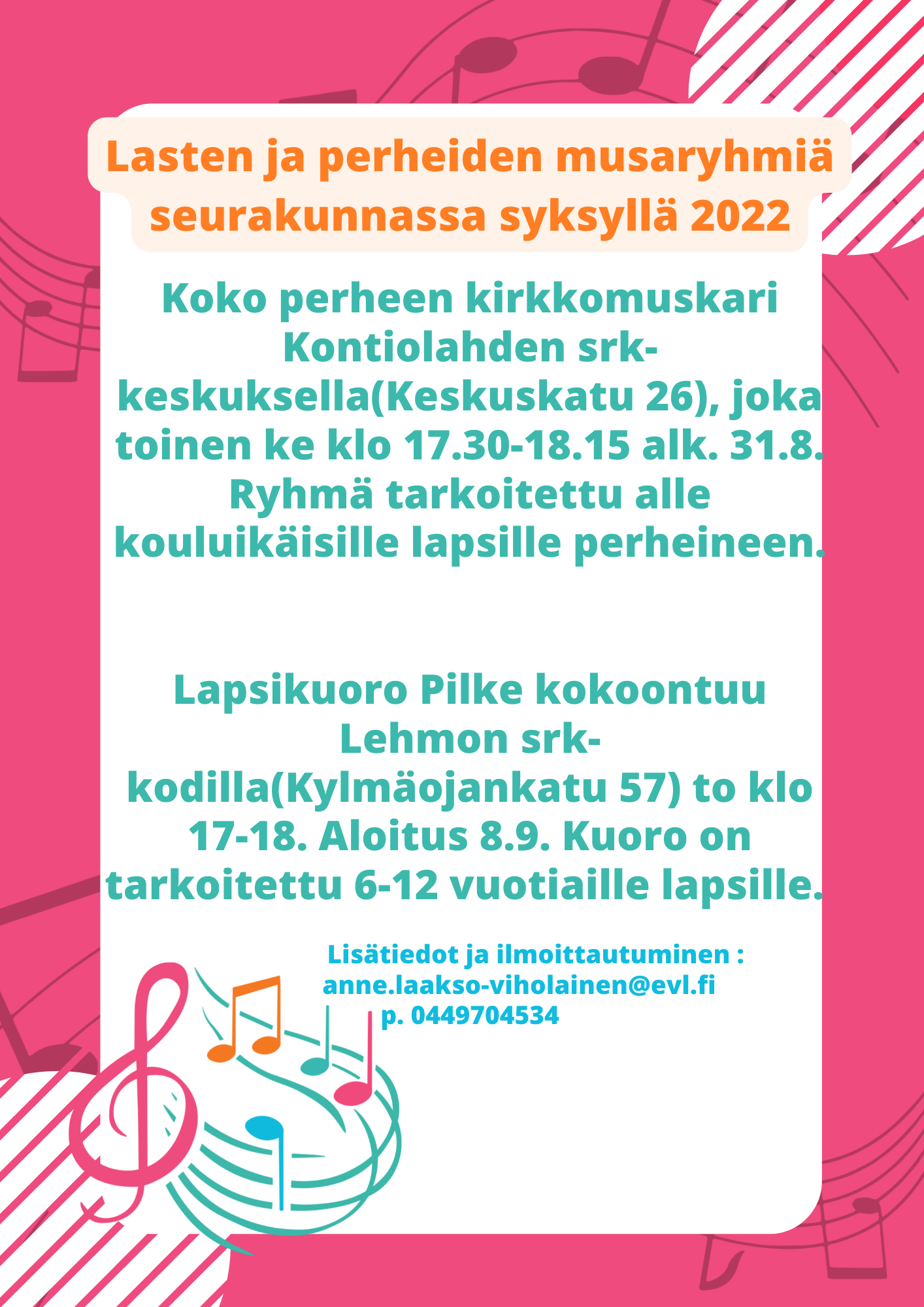Lasten ja perheiden musaryhmiä seurakunnassa syksyllä 2022. Perhemuskarin aloitus 14.9.