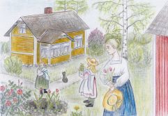 Piirroksessa nainen ja lapsia puurakennuksen pihalla kukkia poimimassa.