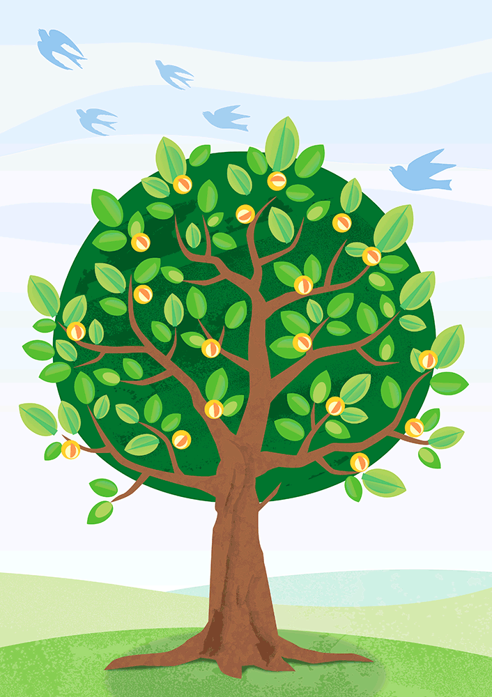 Vehreä elämänpuu kantaa hedelmää ja linnut lentävät taivaalla.
